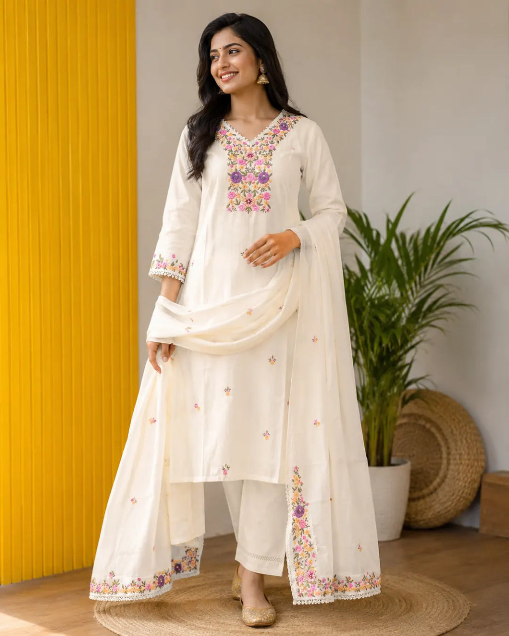 Mul Chanderi Full Set A-Line Kurti Cream