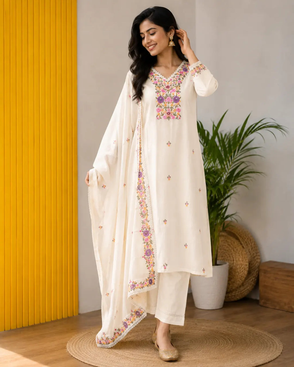 Mul Chanderi Full Set A-Line Kurti Cream