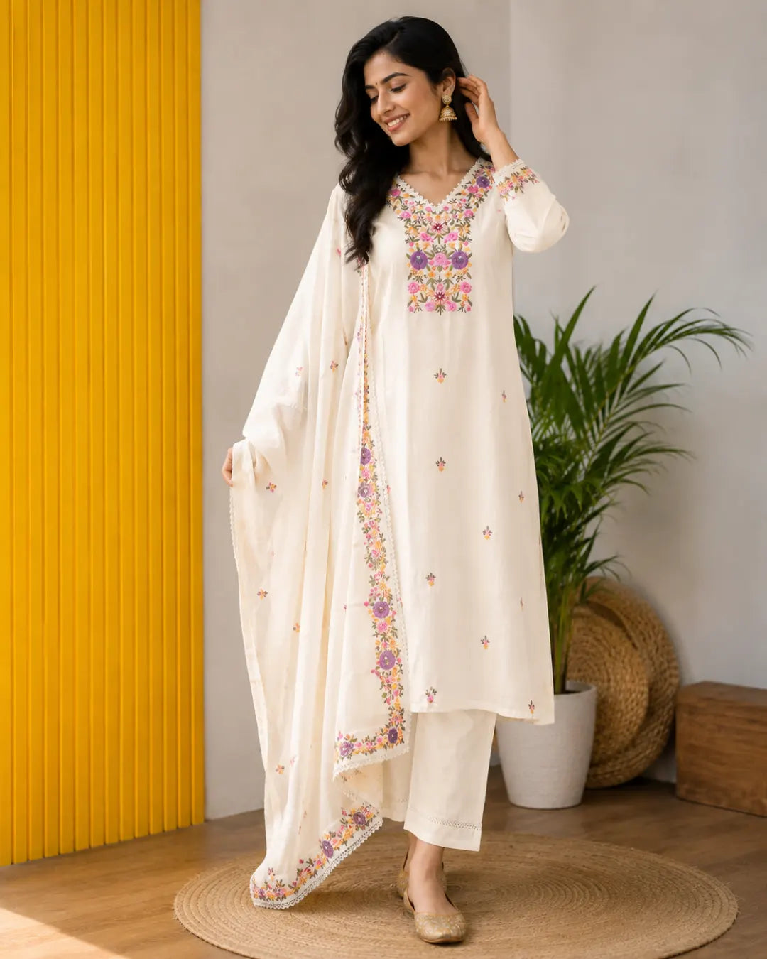 Mul Chanderi Full Set A-Line Kurti Cream