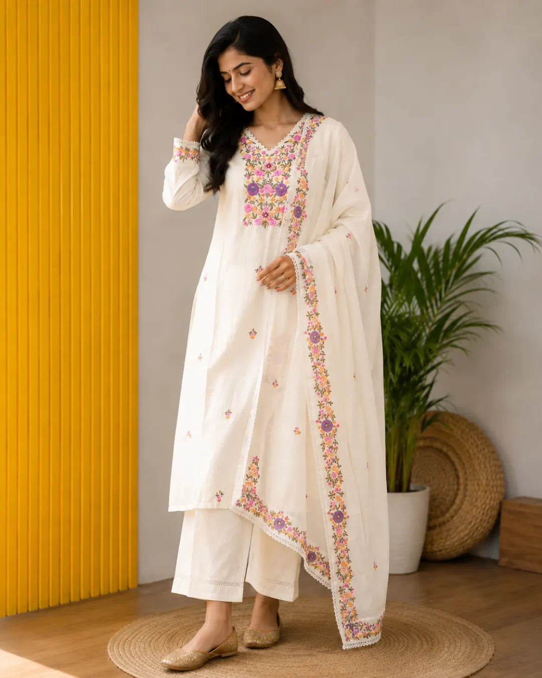 Mul Chanderi Full Set A-Line Kurti Cream
