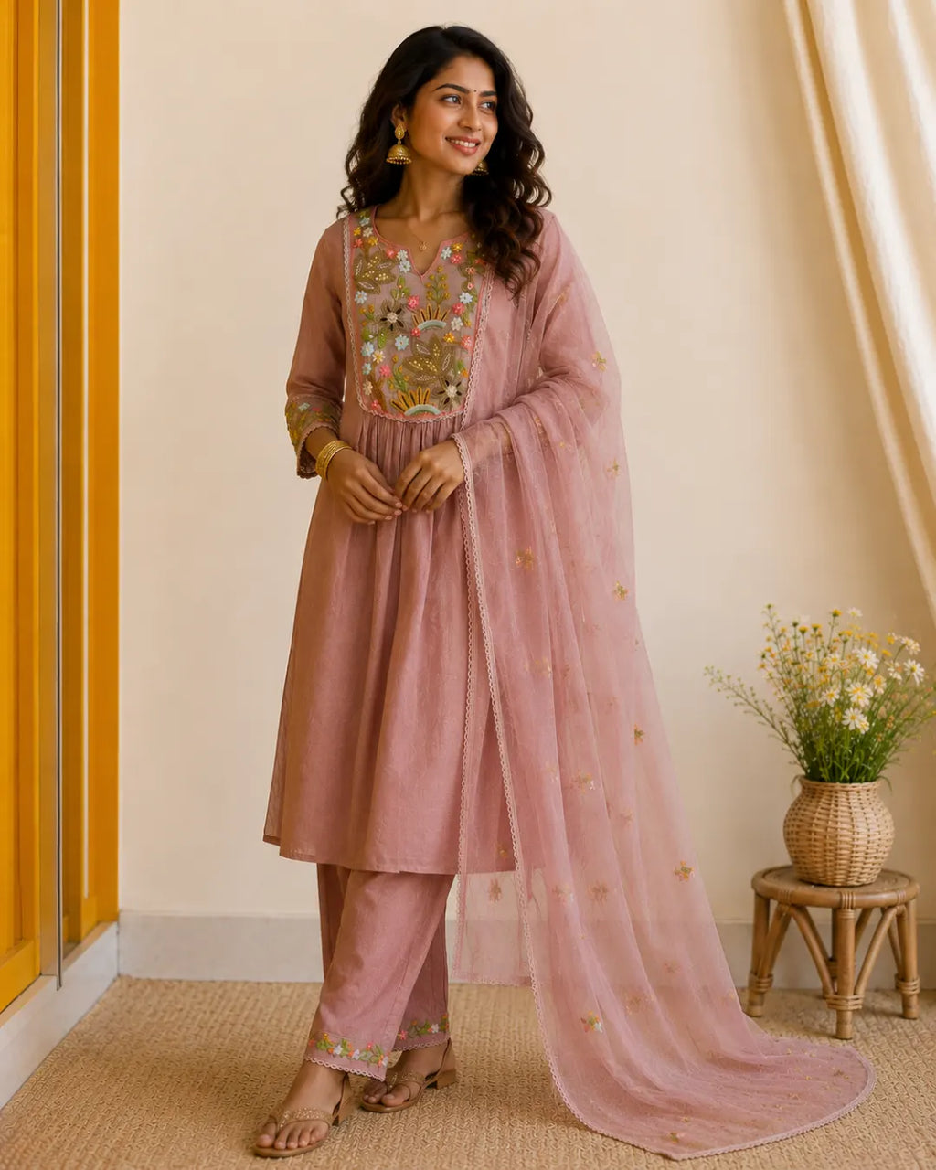 Mul Chanderi Full Set A-Line Kurti Pink