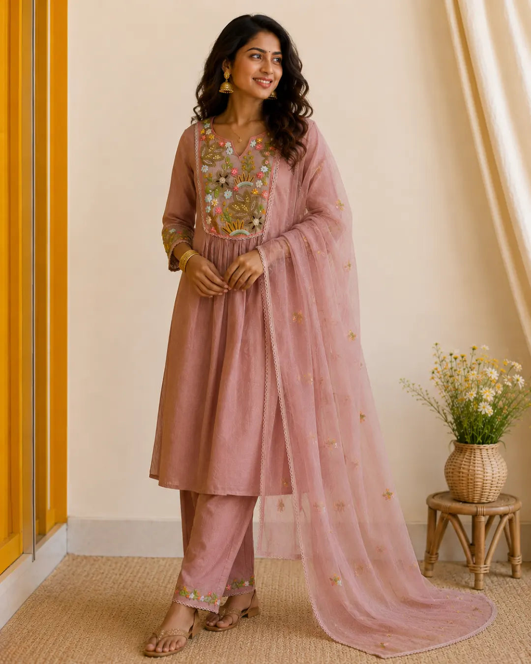 Mul Chanderi Full Set A-Line Kurti Pink