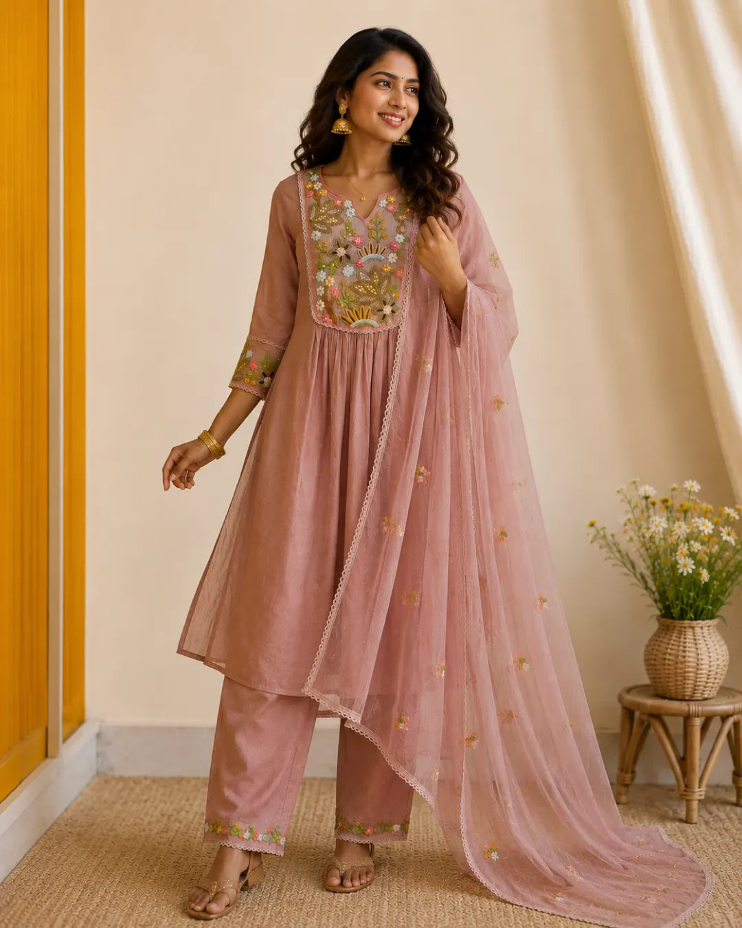 Mul Chanderi Full Set A-Line Kurti Pink