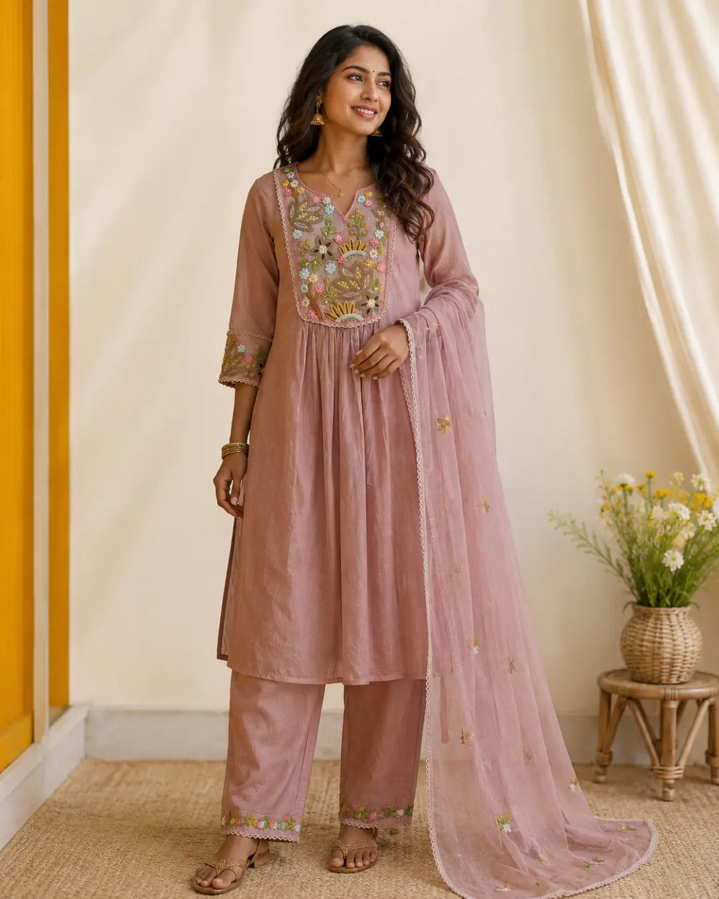 Mul Chanderi Full Set A-Line Kurti Pink