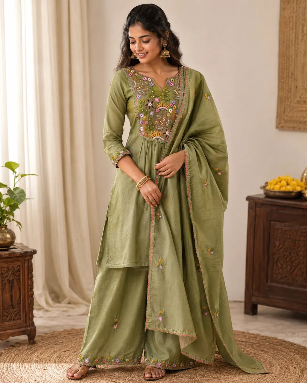 Mul Chanderi Full Set A-Line Kurti Pista Green