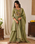 Mul Chanderi Full Set A-Line Kurti Pista Green