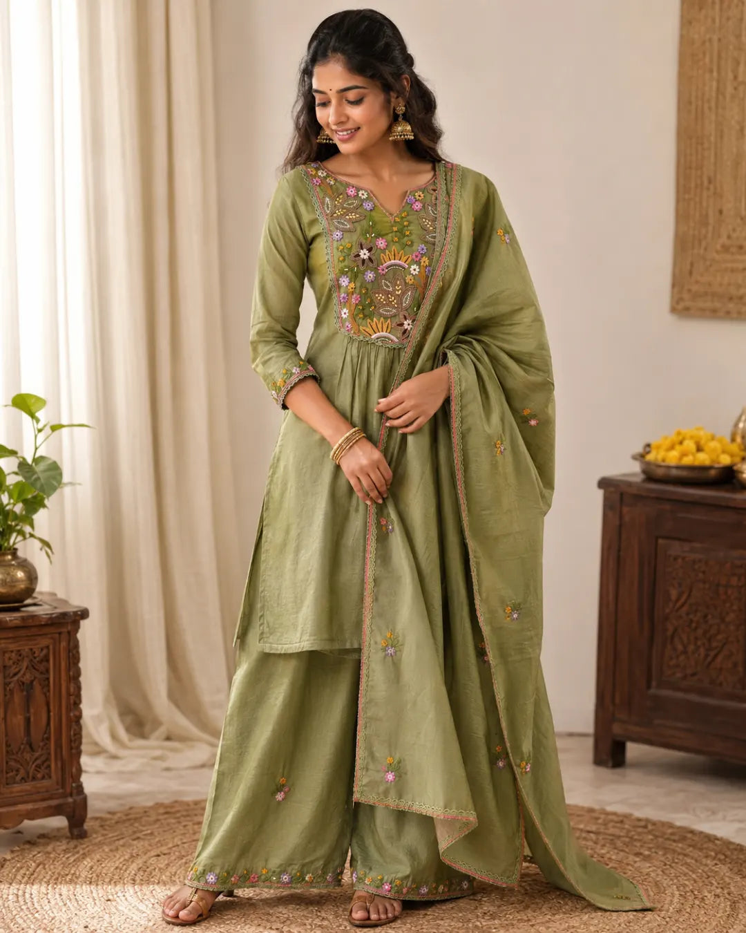 Mul Chanderi Full Set A-Line Kurti Pista Green