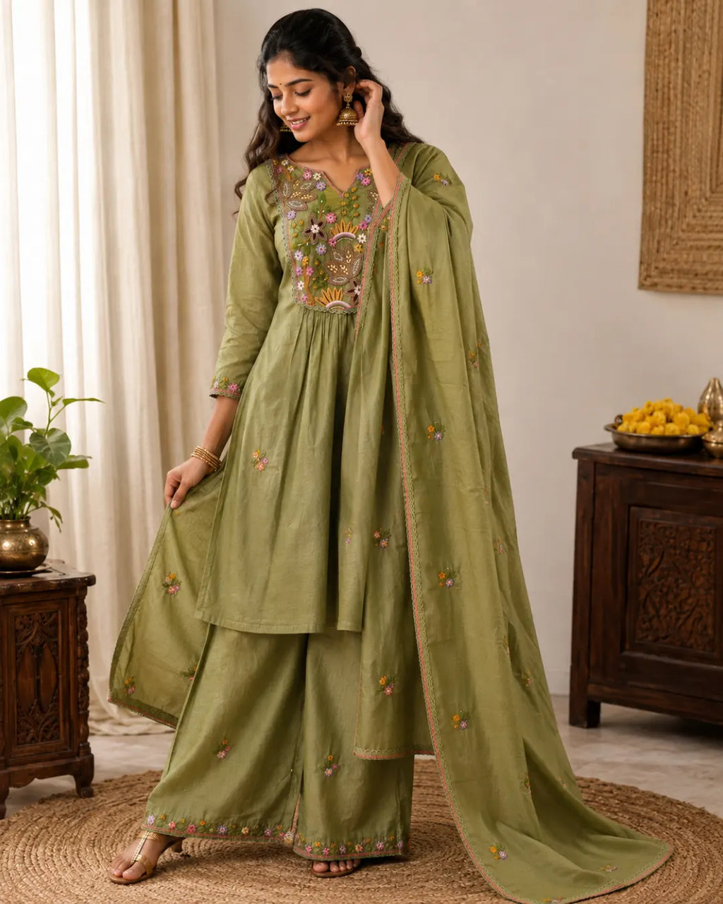 Mul Chanderi Full Set A-Line Kurti Pista Green