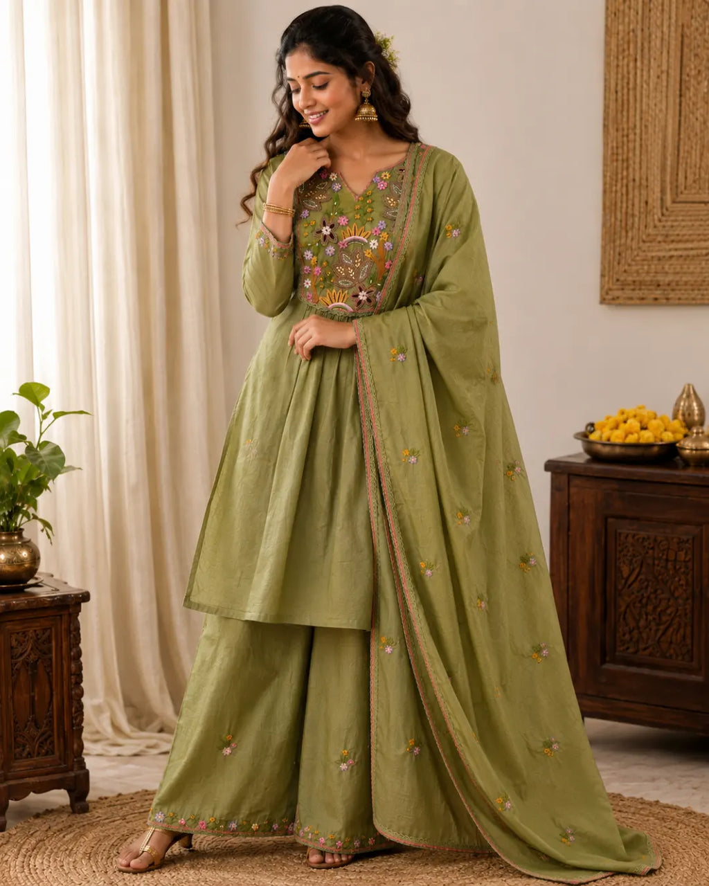 Mul Chanderi Full Set A-Line Kurti Pista Green