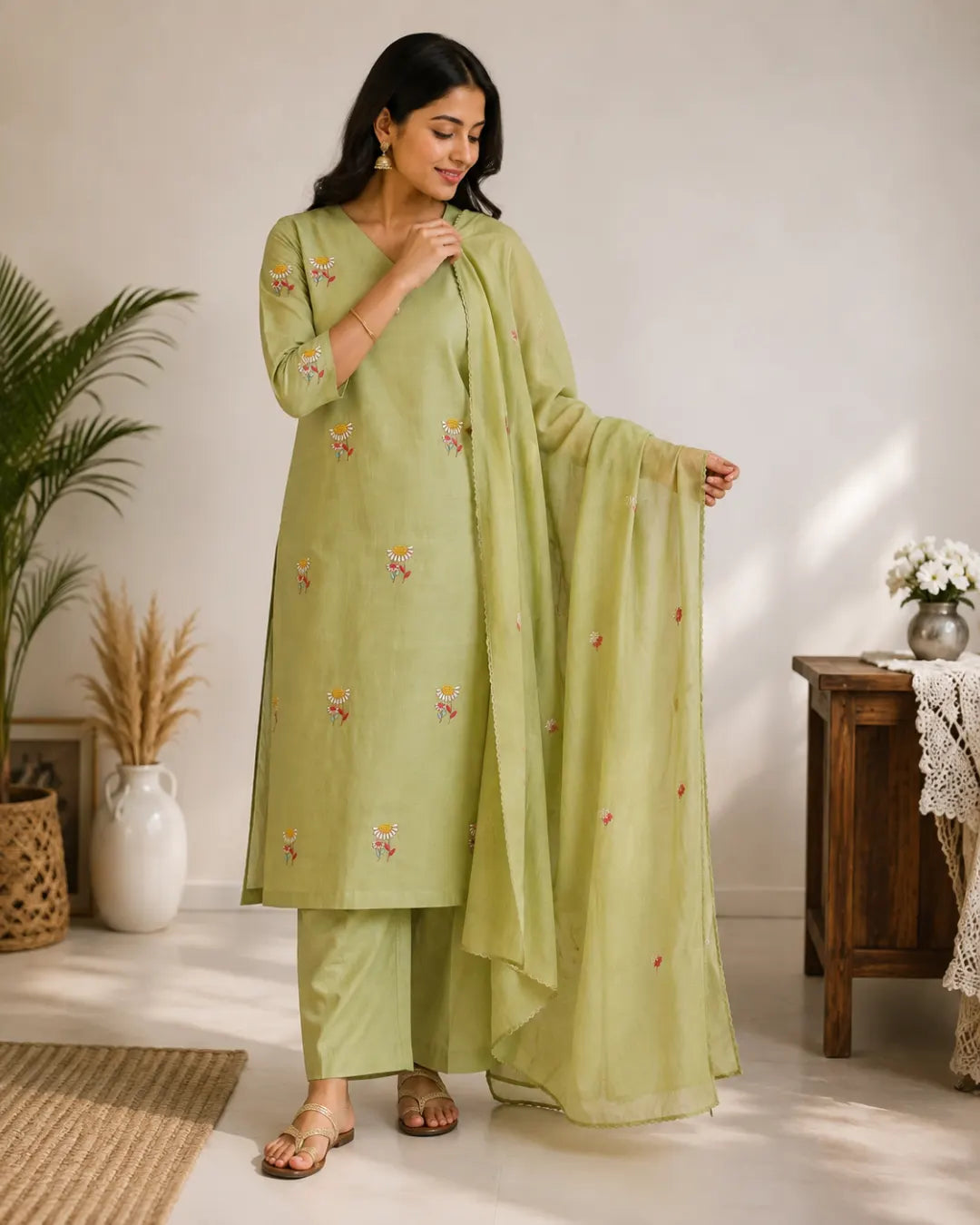 Mul Cotton Full Set Flared Kurti Green