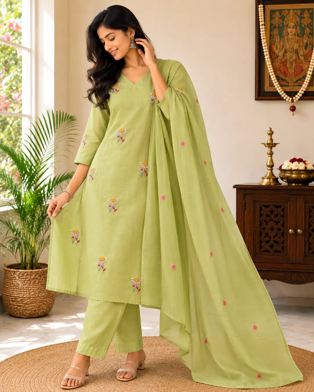 Mul Cotton Full Set Flared Kurti Green
