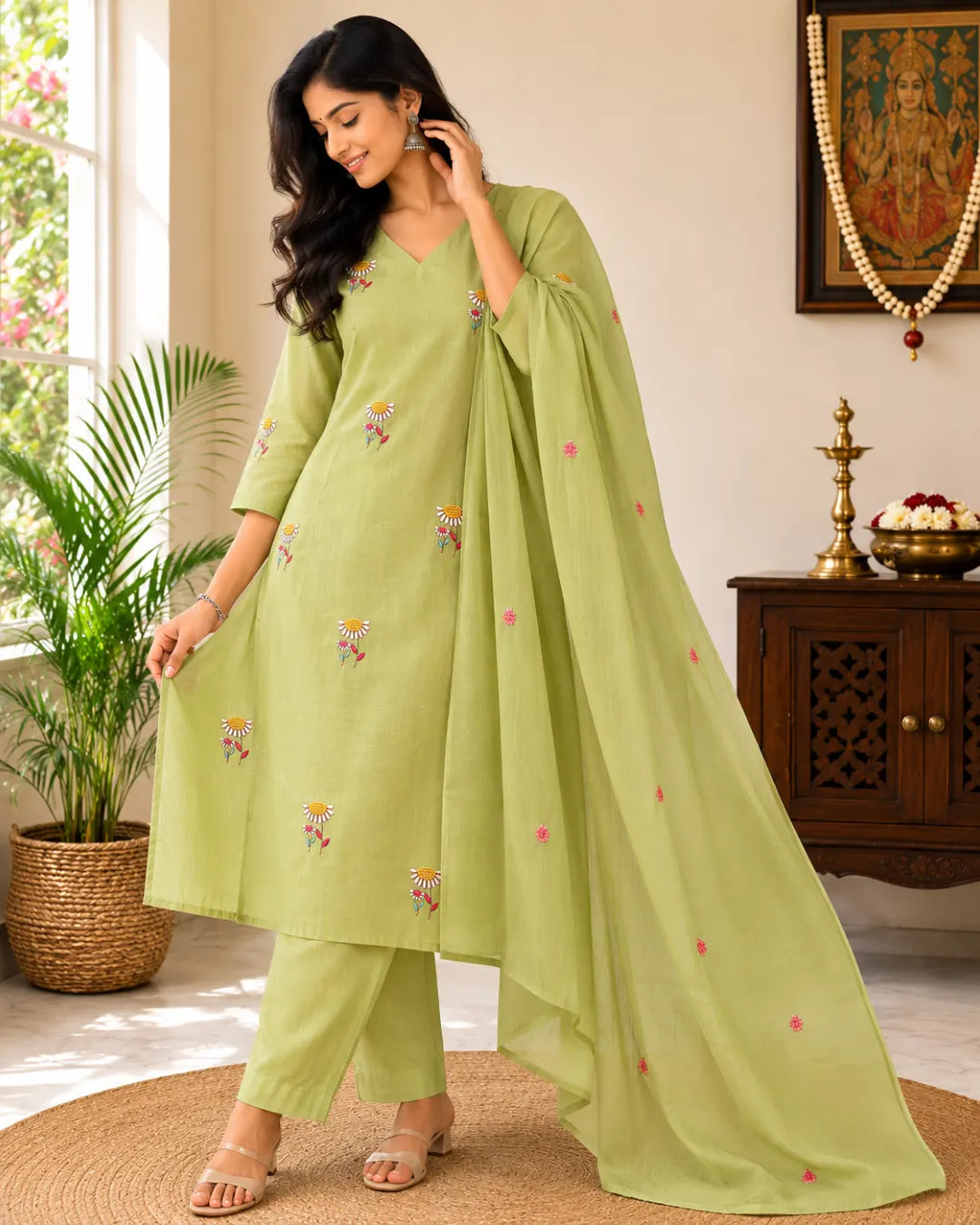Mul Cotton Full Set Flared Kurti Green