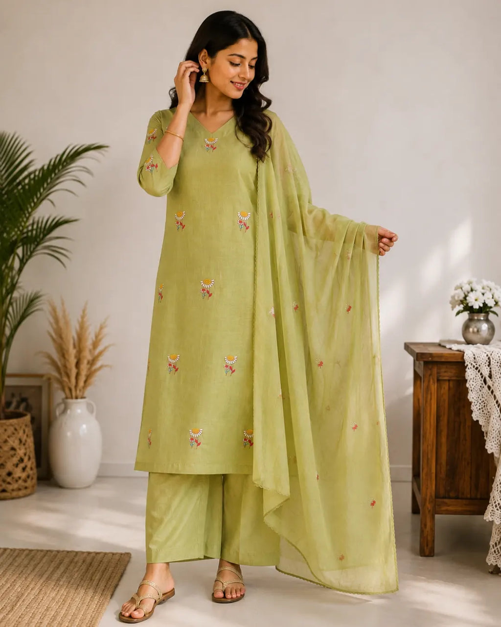 Mul Cotton Full Set Flared Kurti Green