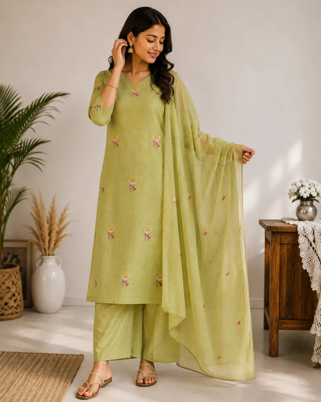 Mul Cotton Full Set Flared Kurti Green