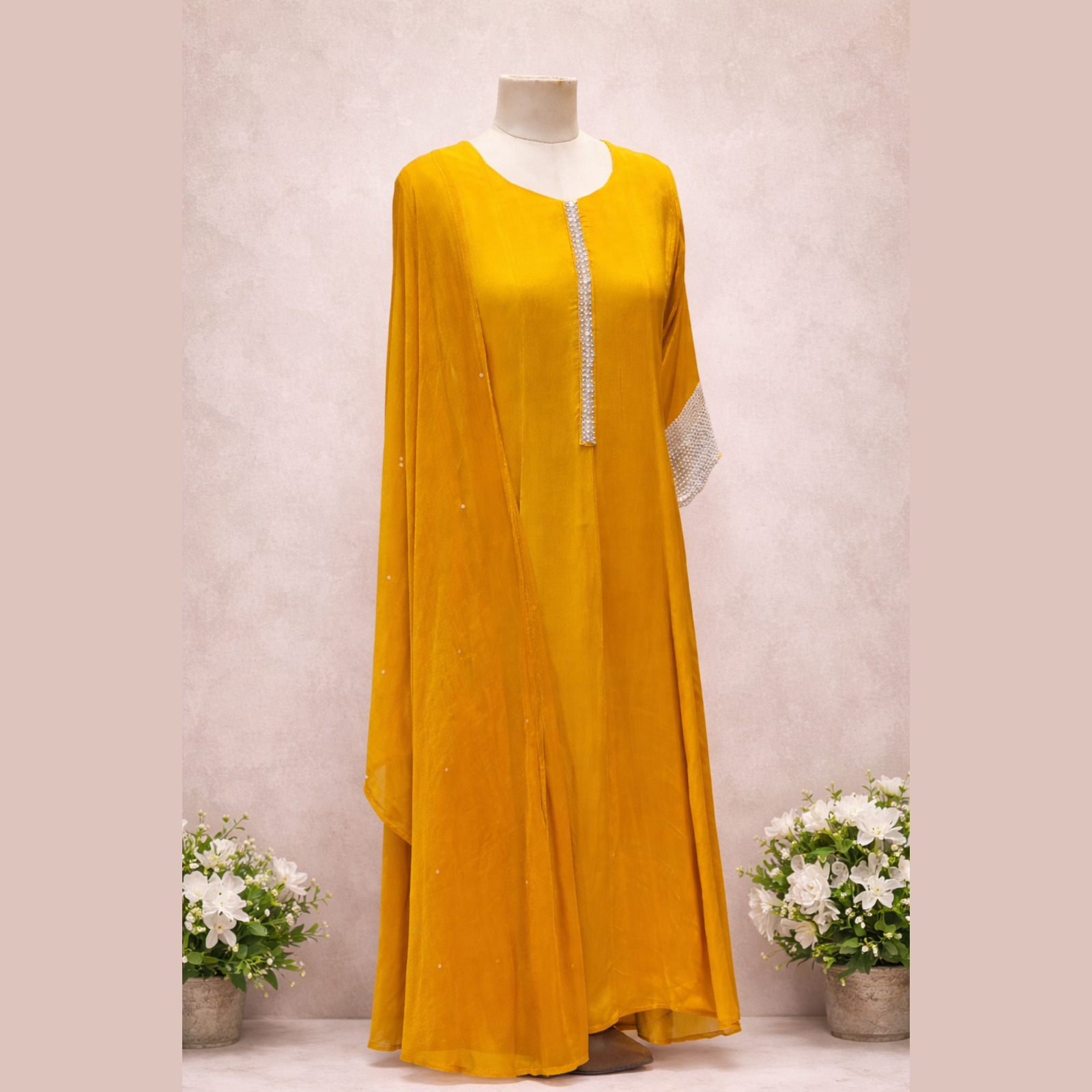 Anarkali Full Set with sequence work Flared Kurta Yellow