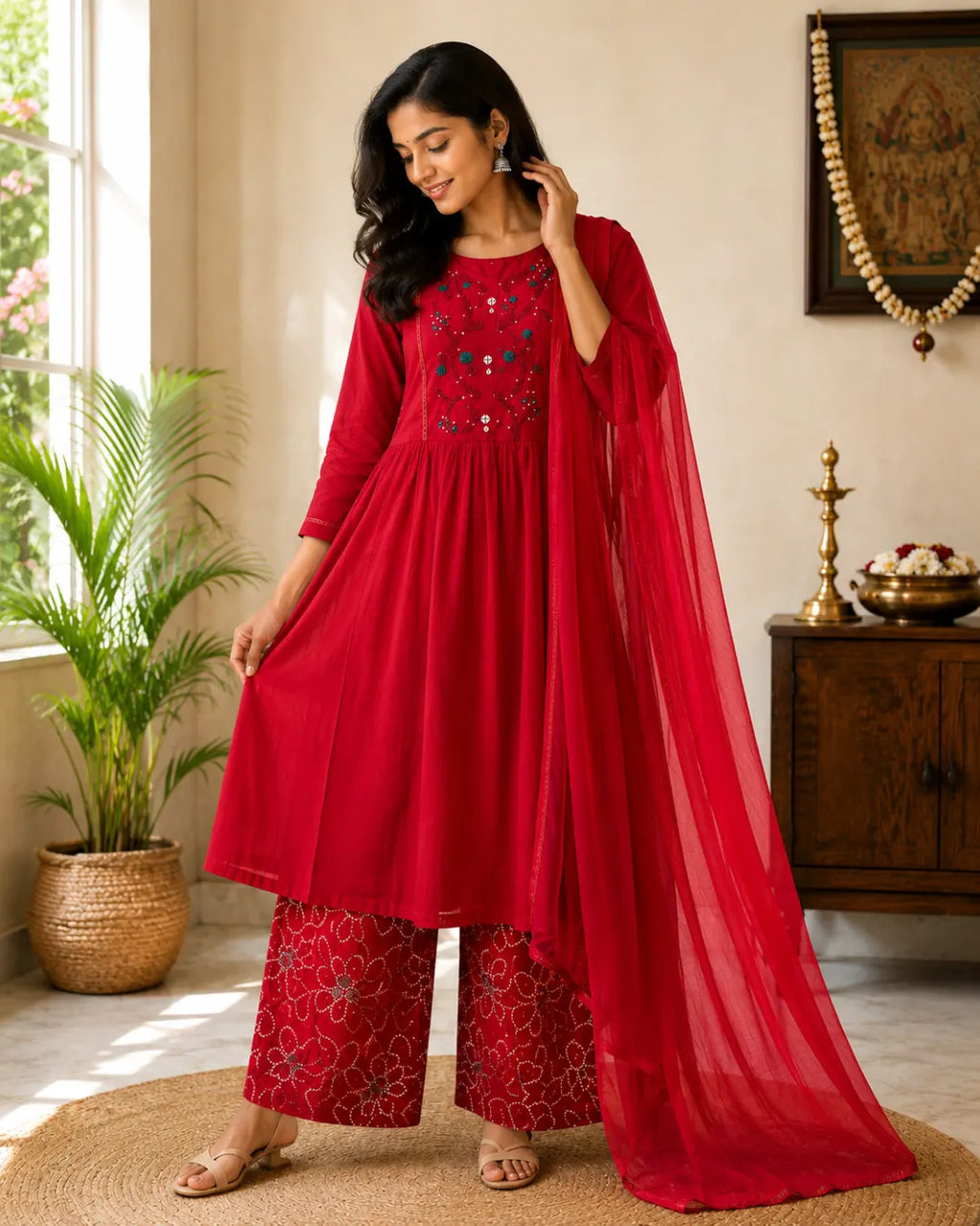 Pure Cotton Full Set A-Line Kurti Maroon