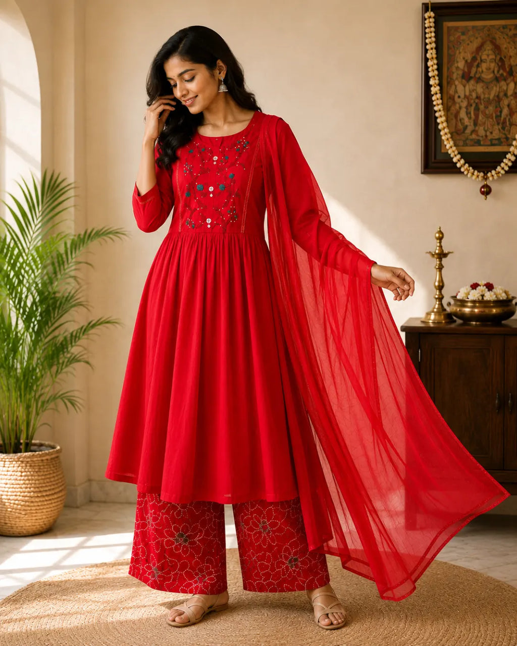 Pure Cotton Full Set A-Line Kurti Maroon