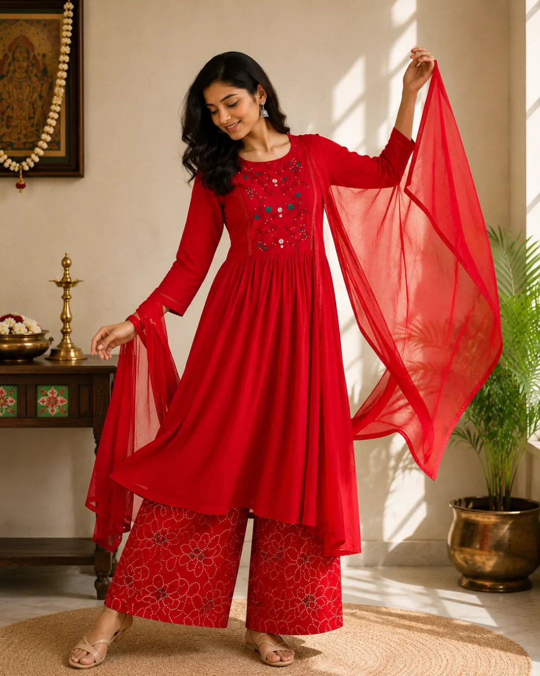 Pure Cotton Full Set A-Line Kurti Maroon