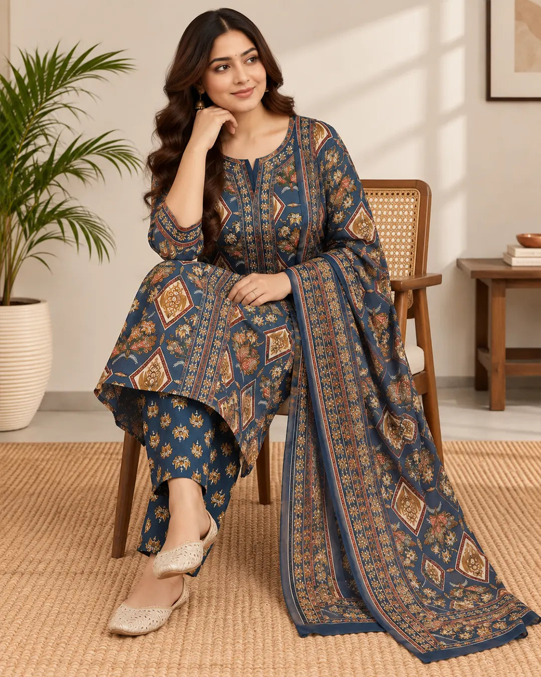 Pure Cotton Full Set Straight Kurti Navy Blue