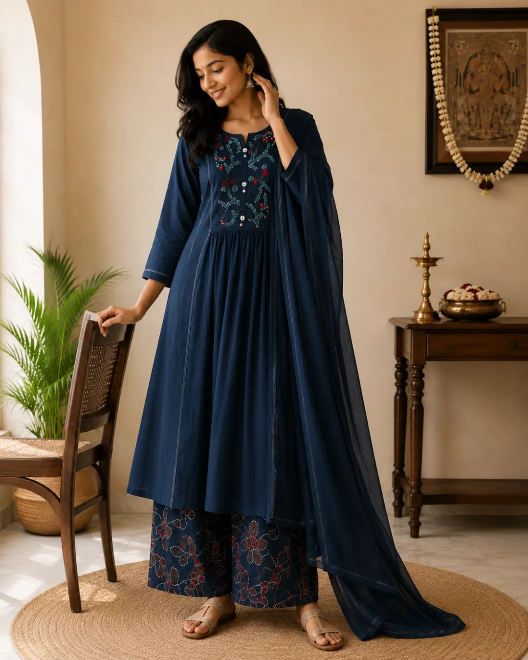 Pure Cotton Full Set A-Line Kurti Navy Blue