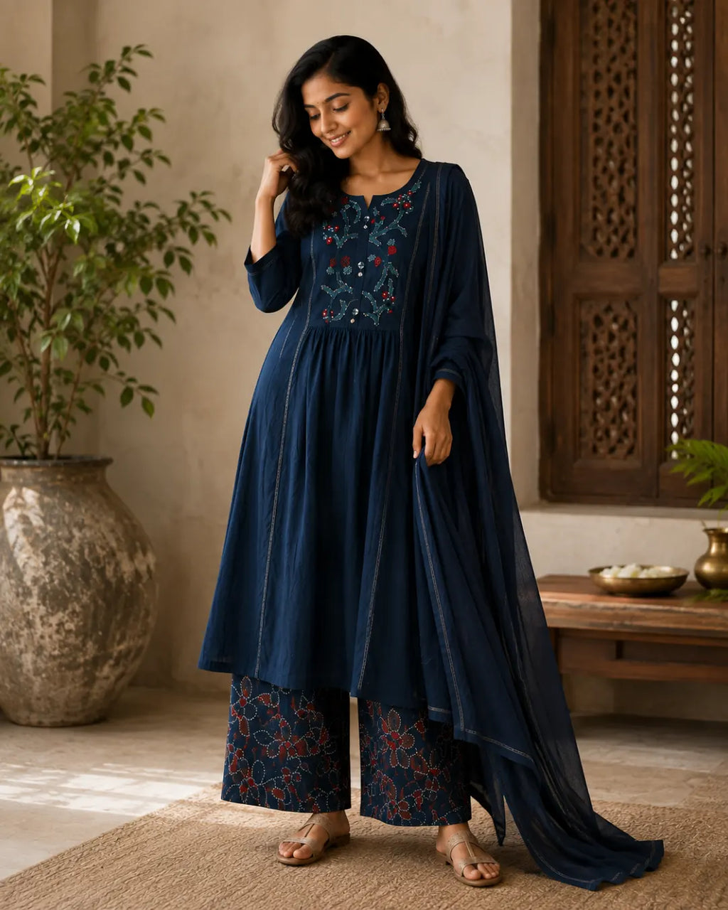 Pure Cotton Full Set A-Line Kurti Navy Blue