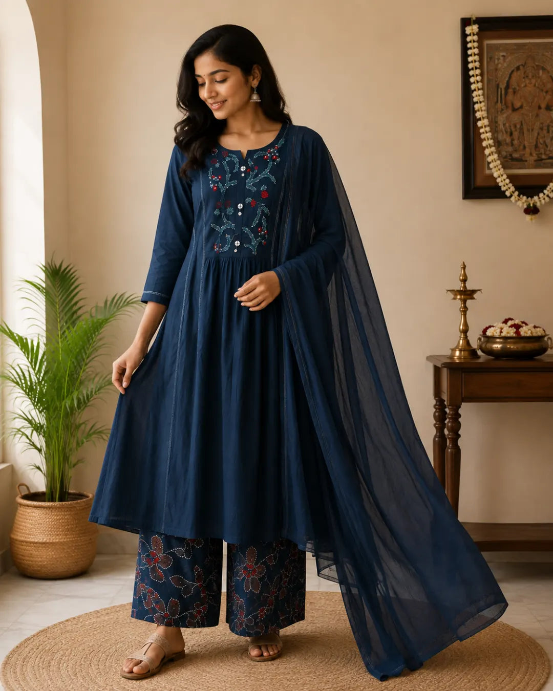 Pure Cotton Full Set A-Line Kurti Navy Blue