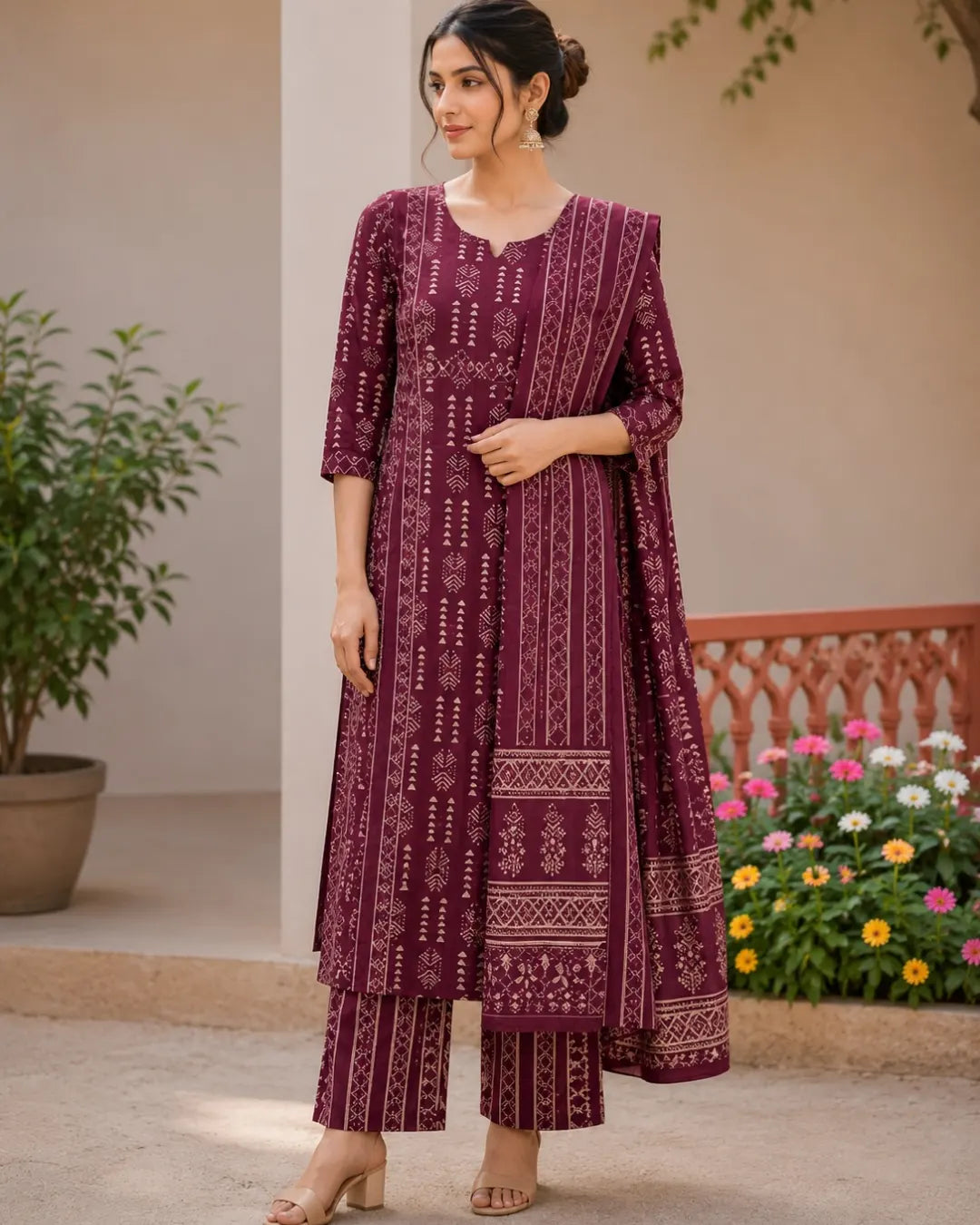 Pure Cotton Full set with V neck Straight fit Wine