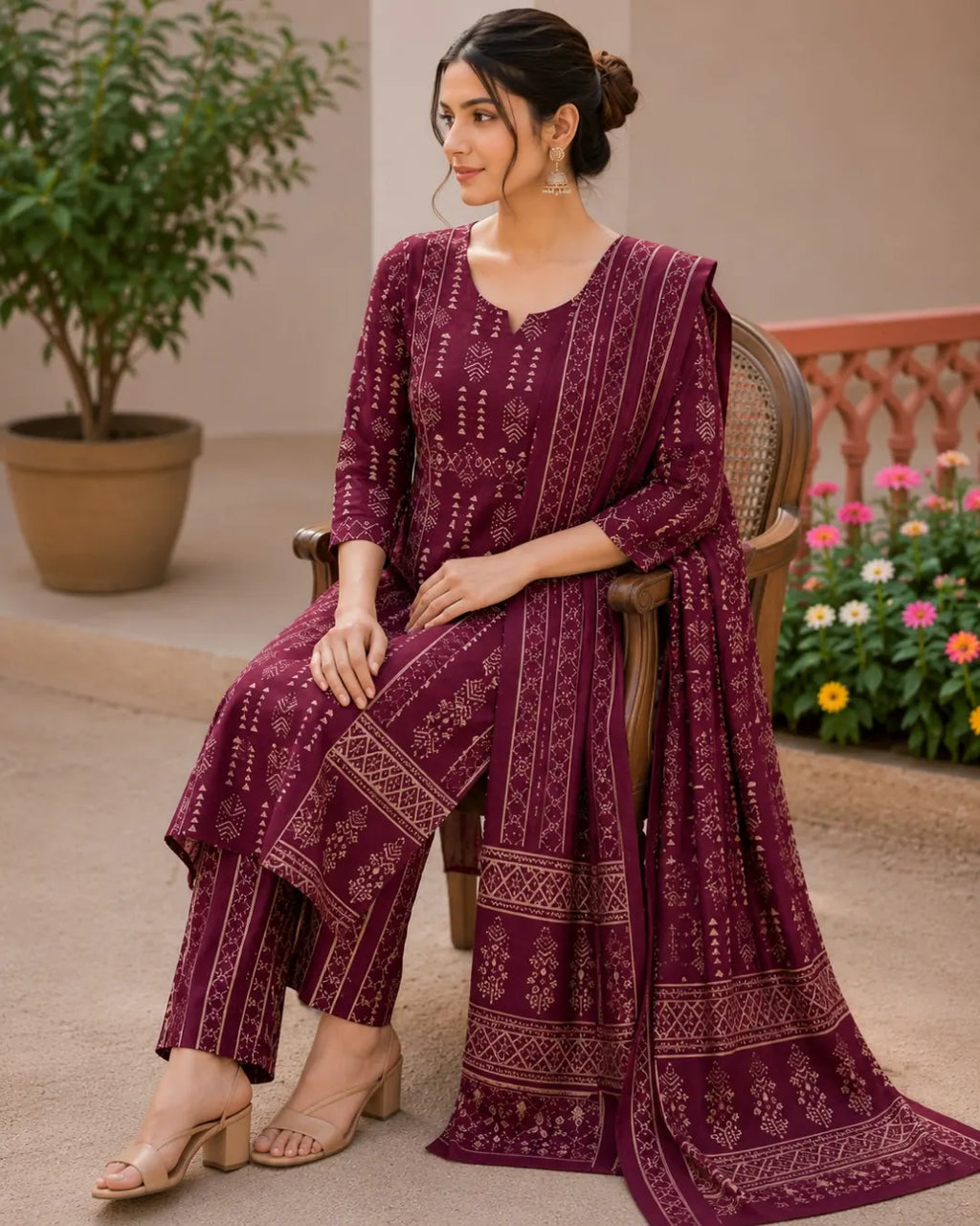 Pure Cotton Full set with V neck Straight fit Wine