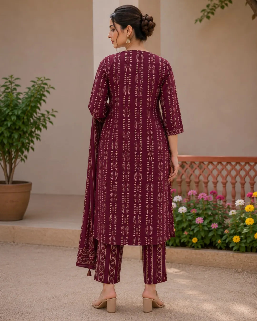 Pure Cotton Full set with V neck Straight fit Wine