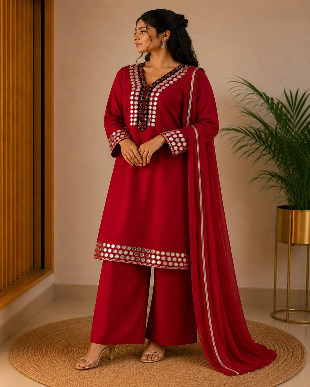Pure Crepe Full Set with Lining Straight Kurti Red