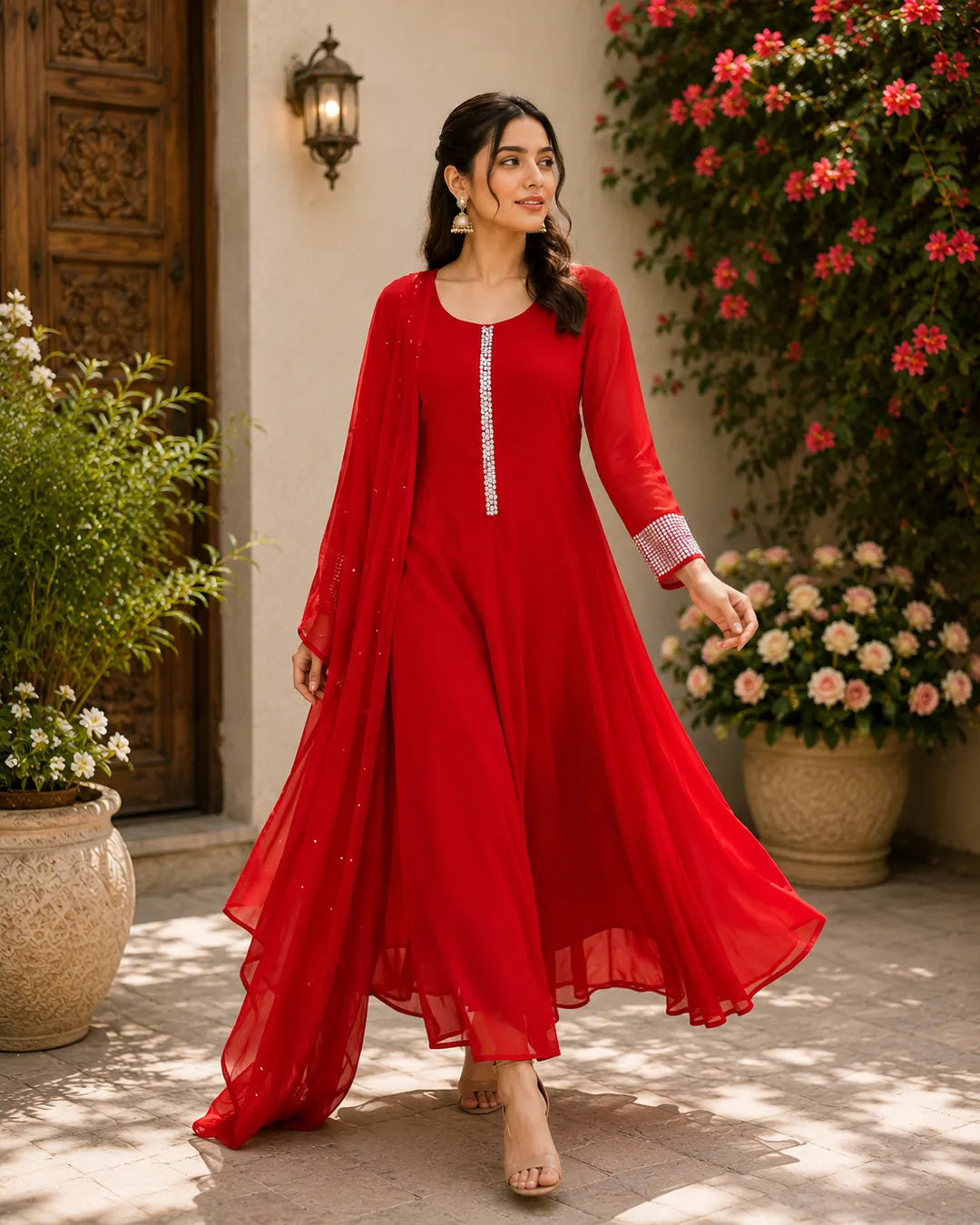 Anarkali Full Set With Sequence Work Flared Kurta Red