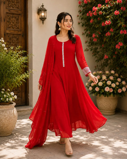 Anarkali Full Set With Sequence Work Flared Kurta Red