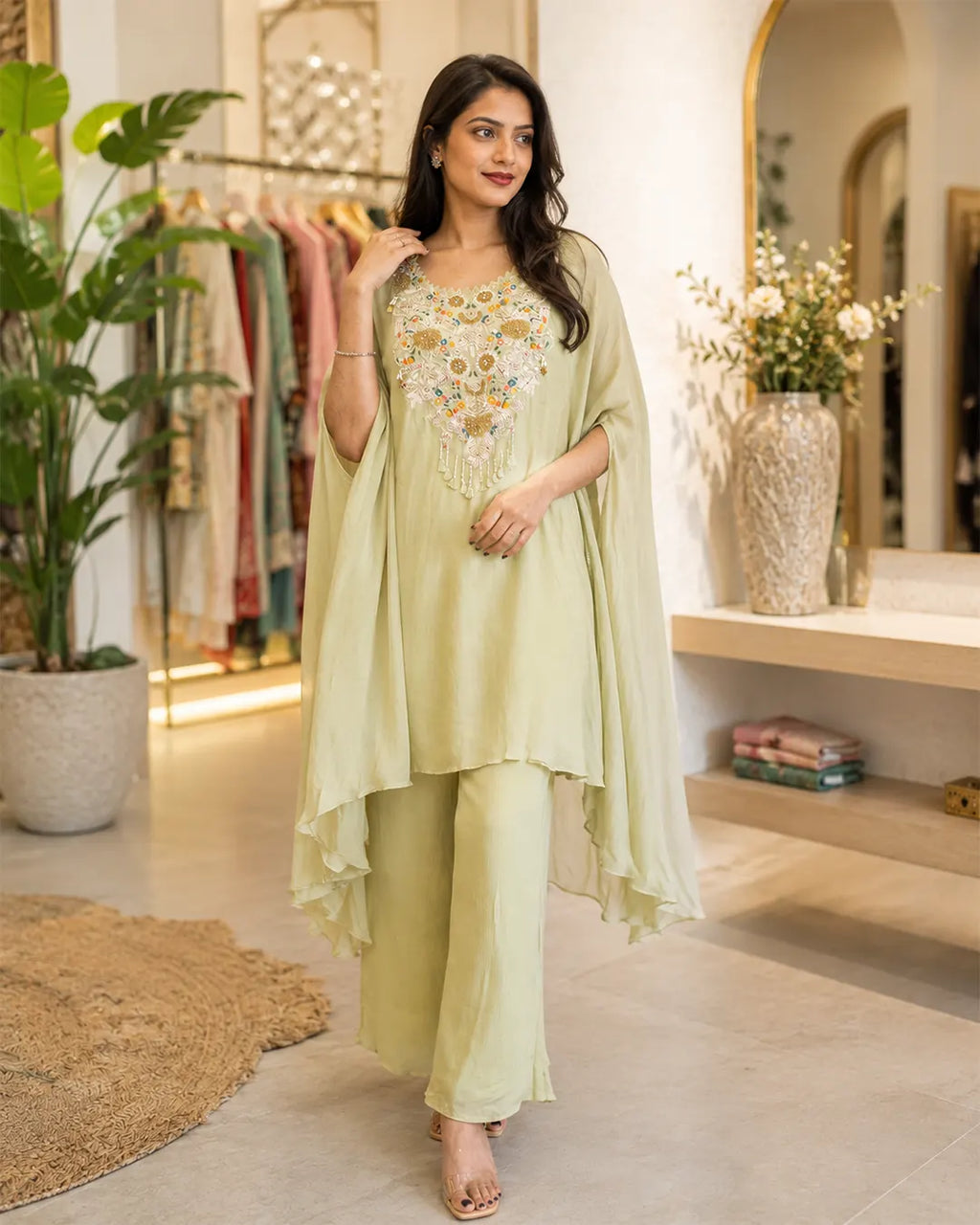 Indo western set (no dupatta) with hand work Cape dress Green