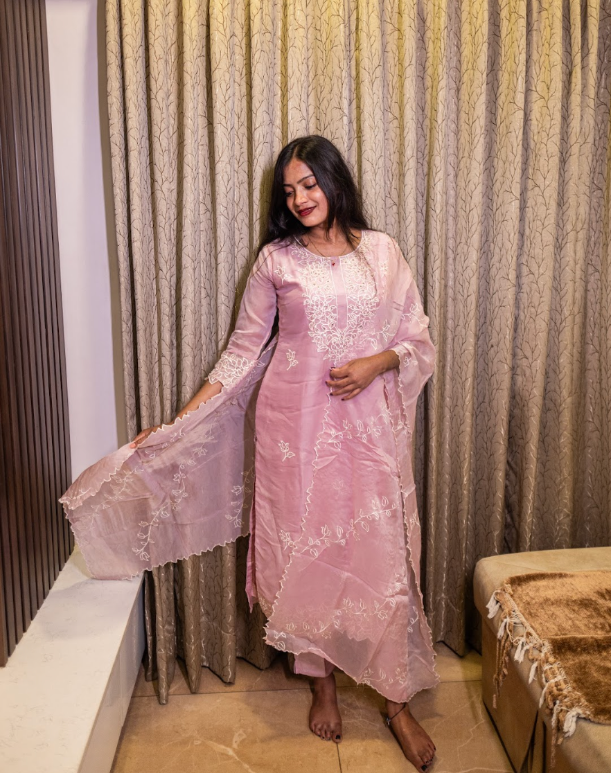 Full Set with Hand Embroidery Straight fit Baby Pink