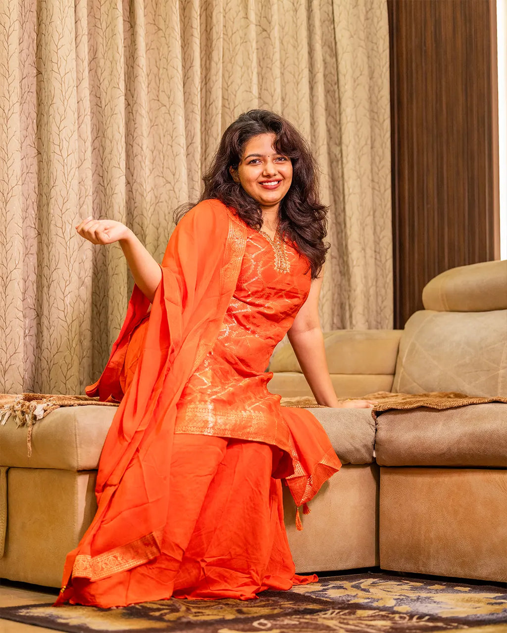 Sharara Set with Jacquard weaving and zari work on the neck Straight fit Orange