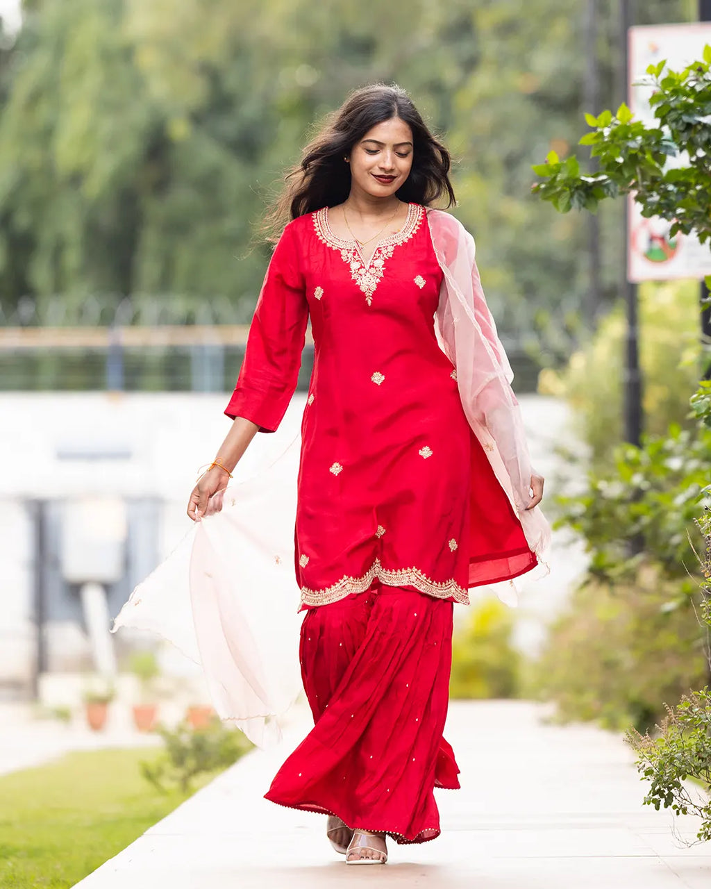 Sharara Set with contrast dupatta, thread & zari work Straight fit Red
