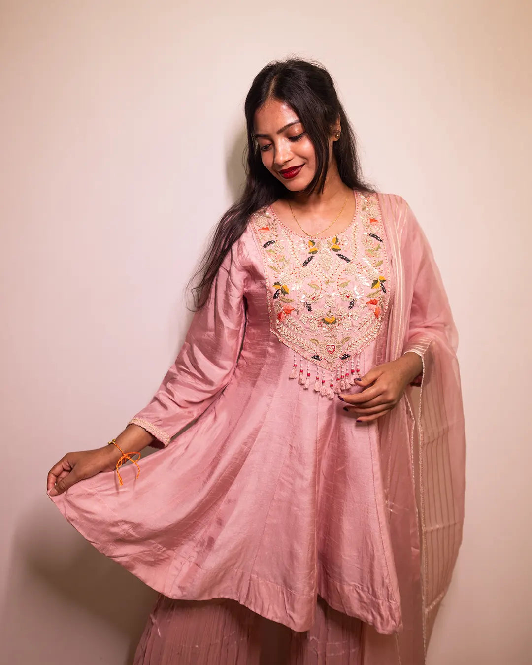 Sharara Set with thread & zari hand embroidery Straight fit Pink
