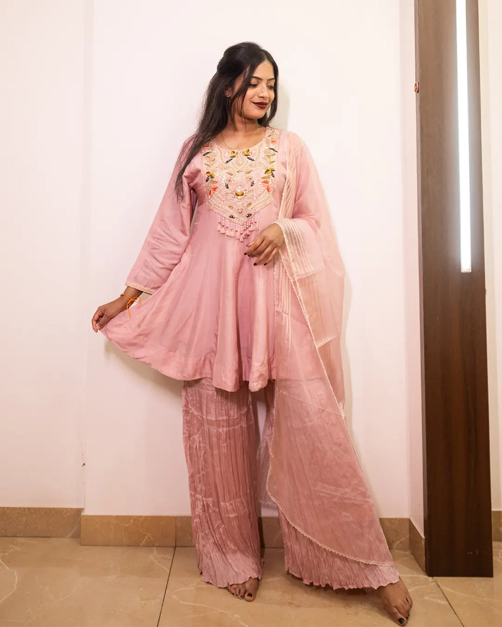 Sharara Set with thread & zari hand embroidery Straight fit Pink
