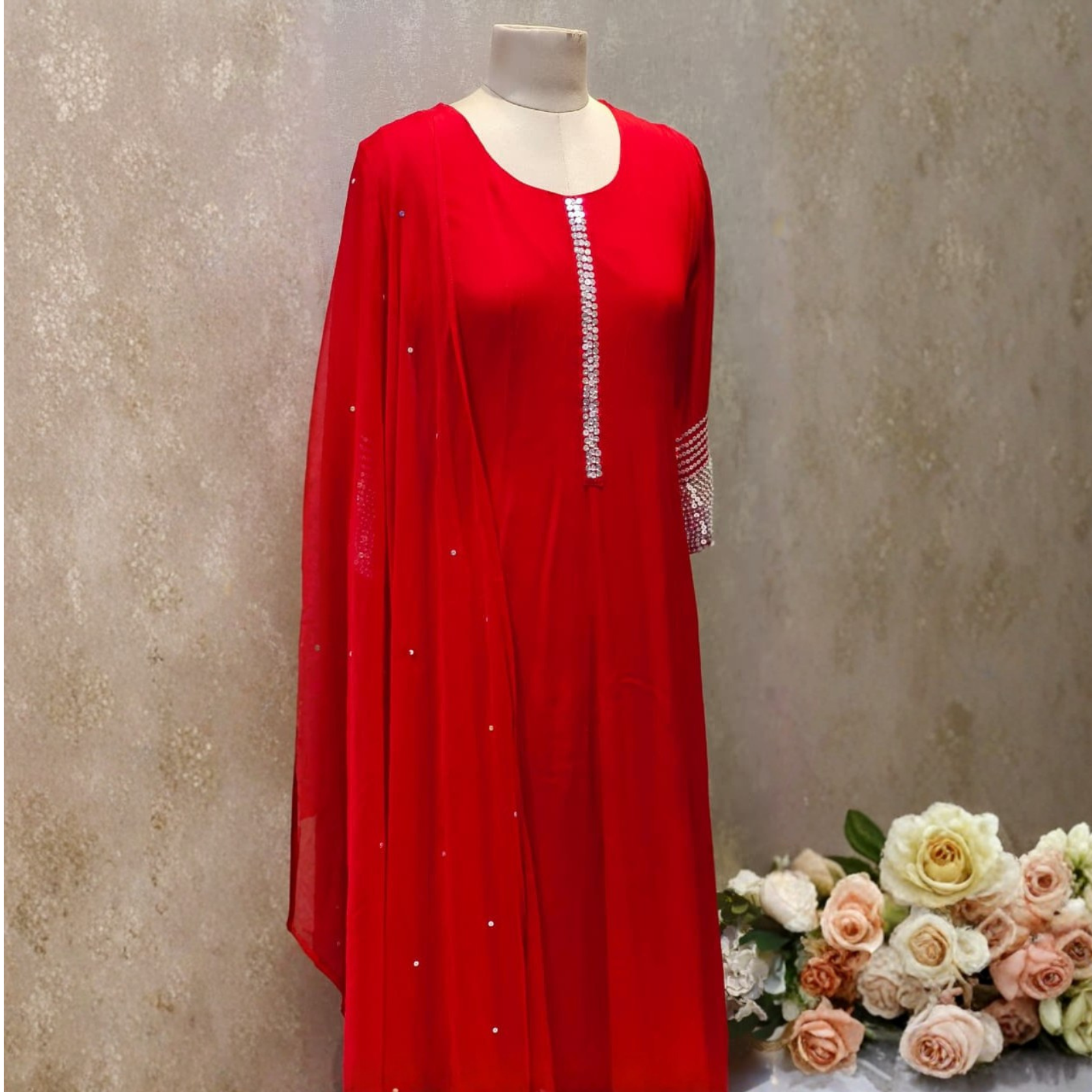 Anarkali Full Set With Sequence Work Flared Kurta Red