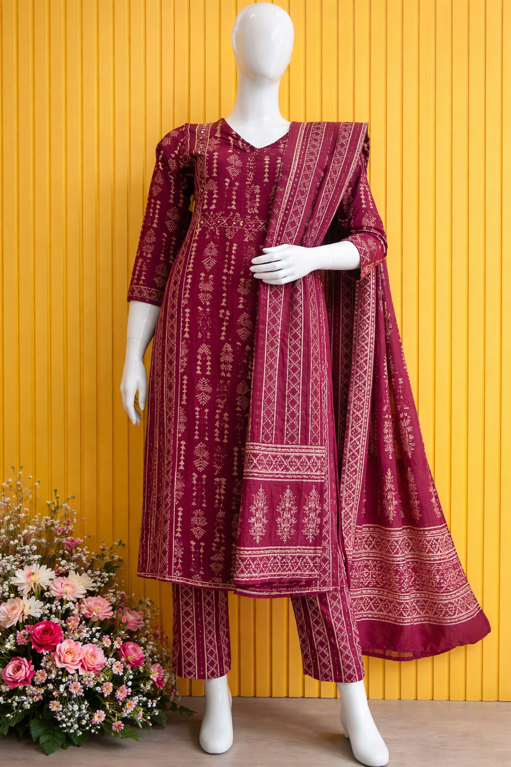 Pure Cotton Full set with V neck Straight fit Wine