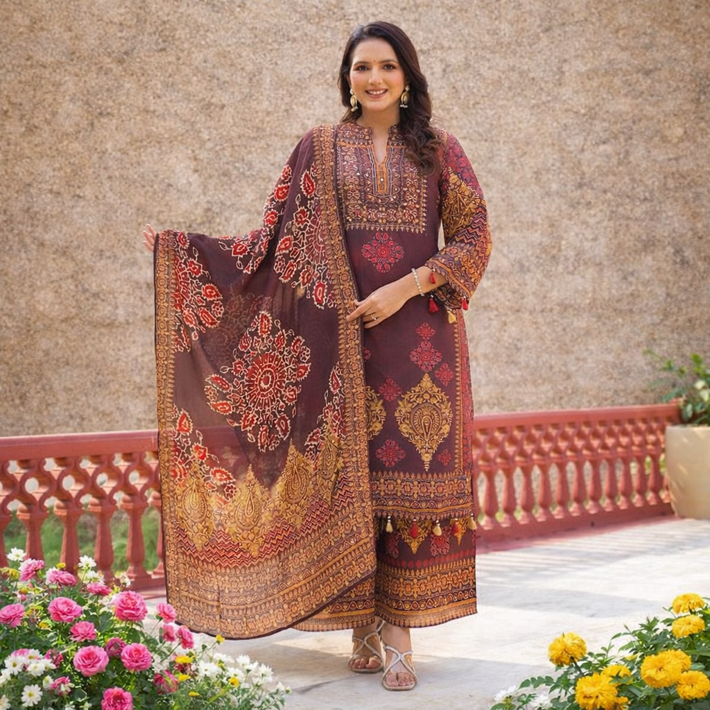 Full Set with placement print Straight fit Brown