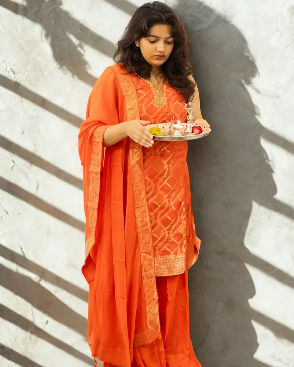 Sharara Set with Jacquard weaving and zari work on the neck Straight fit Orange